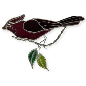 Stained Leaded Glass Cardinal Red Bird on Branch with Leaves 10" x 8"